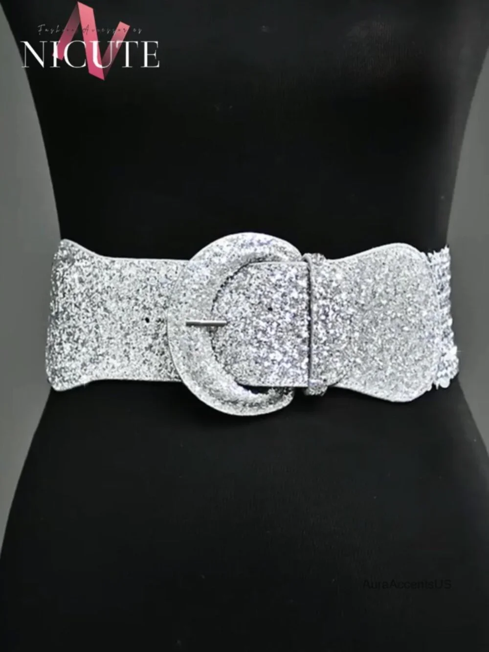 Sequin Bling Wide Waist Belt Elastic Sparkle Waistband for Dresses
